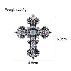 バロックスタイルのクロス亜鉛合金ラインストーンブローチ  アンティークシルバー  60x48mm&nbsp;PW-WGBF0CF-01