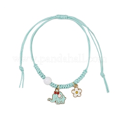 花と象の合金エナメルチャームブレスレット  女性用ワックスコットンコード編みビーズブレスレット  アクリルビーズで  ゴールドカラー  ミディアムターコイズ  内径：3/4~3-7/8インチ（2~9.7cm）&nbsp;BJEW-JB11696-01