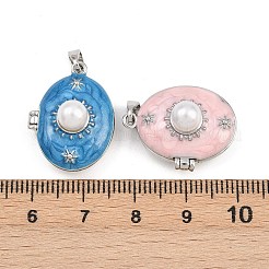 プラスチック製の模造真珠ロケットペンダント  真鍮エナメルパーツ  オーバル  プラチナ  22x17x12mm  穴：5x2.5mm  内径：1712mm&nbsp;KK-P335-01P