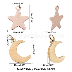 304ステンレスペンダント  スター/ムーン  ゴールデン·ステンレス鋼色  15~16x11~13x0.7~1.8mm  穴：1.4mm  20個/箱&nbsp;STAS-UN0014-73