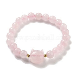Round & Cat Head Natural Rose Quartz Beaded Stretch Bracelets for Women&nbsp;BJEW-K251-03C