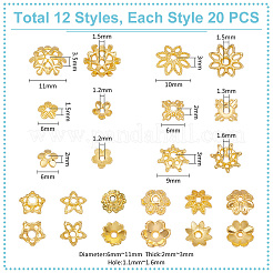 12種類のスタイルの合金ビーズキャップ240個  マルチ花弁花  ゴールドカラー  6~11x1.5~3.5mm  穴：1~1.5mm  20個/スタイル&nbsp;FIND-UN0015-69