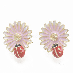 合金エナメルスタッドピアス  テントウムシとデイジー  ライトゴールド  ピンク  18.5x16mm  ピン：0.7mm&nbsp;EJEW-S207-002B