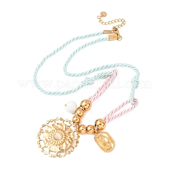 304 Stainless Steel Flower Cowboy Hat Pendant Polyester Cord Necklaces&nbsp;NJEW-C105-02G