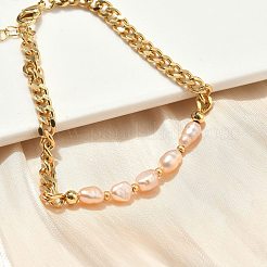 天然真珠ビーズリンクブレスレット  女性用真鍮製キューバンリンクチェーンブレスレット  長持ちメッキ  カドミウムフリー＆鉛フリー  18KGP本金メッキ  6-1/2インチ（16.5cm）&nbsp;BJEW-A038-02G