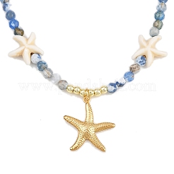 Synthetic Turquoise & Dyed Natural Agate Faceted Round Beaded Starfish 304 Stainless Steel Pendant Necklaces for Women&nbsp;NJEW-JN05458-02