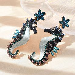 合金ラインストーンダングルピアス  タツノオトシゴ  ライトゴールド  65.5x28mm&nbsp;EJEW-D300-01G-01