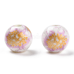 花柄プリントの磁器ビーズ  花柄のセラミックビーズ  ラウンド  ゴールデンロッド  8mm  穴：2mm&nbsp;X-PORC-Q199-8mm-02