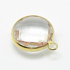 金色のトーンの真鍮ガラスペンダント  フラットラウンド  ミックスカラー  12x9x5mm  穴：2mm&nbsp;X-GLAA-J018A-G