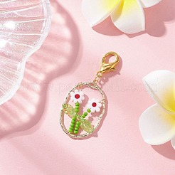 花のガラスシードビーズとランプワークと合金のペンダント装飾が施された楕円形6個  カニカン付き  ミックスカラー  49.5mm&nbsp;HJEW-MZ00351