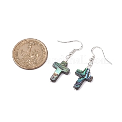 天然アワビ貝/パウア貝のダングルイヤリング  鉄のピアスフックで見つける  銀  クロス  41x13mm&nbsp;EJEW-JE05916-03