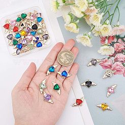40個10色の亜鉛合金ラインストーンペンダント  羽根付きハートチャーム  ゴールドカラー  ミックスカラー  13.5x24.5x5mm  穴：1.8mm  4個/カラー&nbsp;ALRI-FH0001-14