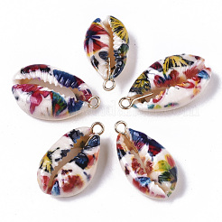 Printed Natural Cowrie Shell Pendants&nbsp;X-SSHEL-R047-02-B01
