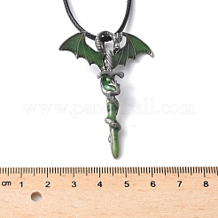 合金エナメルドラゴンラップ剣ペンダントネックレス  ワックスコードのネックレス  アンティークシルバー  グリーン  17.83インチ（45.3cm）&nbsp;NJEW-V005-02P-01