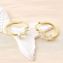 菱形真鍮マイクロパヴェクリアキュービックジルコニアフープピアス  鉛フリー＆カドミウムフリー  長持ちメッキ  ラックめっき  18KGP本金メッキ  25.5x24.5x8.5mm&nbsp;EJEW-Z121-07G
