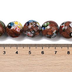 ハンドメイドミッレフィオーリ ランプワークビーズ連売り  ラウンド  金の砂  サドルブラウン  14mm  穴：1mm  約27個/連  14.41''（36.6センチメートル）&nbsp;LAMP-G166-12A