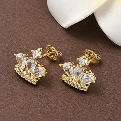 真鍮製マイクロパヴェキュービックジルコニアスタッドピアス  カドミウムフリー＆鉛フリー  クラウン  18KGP本金メッキ  10.5x12mm&nbsp;EJEW-D323-05G