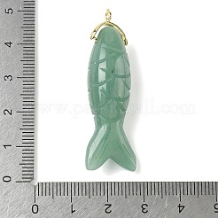 天然グリーンアベンチュリン彫刻ペンダント  真鍮製の金具が付いた魚のチャーム  ゴールドカラー  47x15x12mm  穴：1.6mm&nbsp;G-P599-08G-06