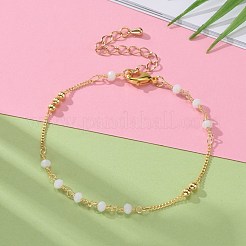 多面カットガラスビーズのブレスレット  真鍮ビーズとカニカン付き  ラウンド  18KGP本金メッキ  ホワイト  7-1/4インチ（18.3cm）&nbsp;BJEW-JB05853-03