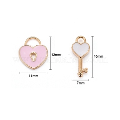 80本4スタイルアロイエナメルチャーム  ハートロック＆キー  ピンクと白  ライトゴールド  13~16x7~11x1.5~2.5mm  穴：3x4mm＆1.8mm  20個/スタイル&nbsp;ENAM-LS0001-11LG