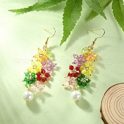 アクリルビーズの花とイミテーションパールのダングルイヤリング  女性用ゴールデン 304 ステンレス ワイヤー ラップ ジュエリー  カラフル  72mm  ピン：0.7mm&nbsp;EJEW-MZ00061