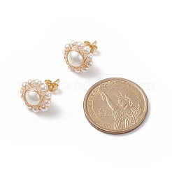 シェルパールビーズフラワースタッドピアス  女性用304ステンレススチールワイヤーラップジュエリー  ゴールドカラー  14mm  ピン：0.8mm&nbsp;EJEW-TA00137