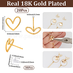 真鍮スタッドピアス20個  真鍮ピン付き  ハート  30個のプラスチック製イヤーナット  18KGP本金メッキ  1/2x3/8インチ（13x11mm）  ピン：0.7mm&nbsp;KK-SC0006-79
