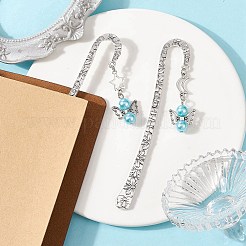 エンジェル合金フックブックマーク  アブソリュートプラスチック模造パールビーズ  アンティークシルバー  ディープスカイブルー  124x20x2.1mm  2個/セット&nbsp;AJEW-JK00315-03