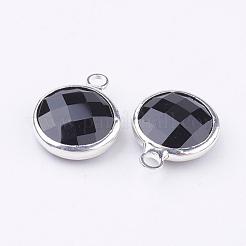 シルバーカラーメッキ真鍮ガラスフラットラウンドチャーム  多面カット  ブラック  16x13x4.5mm  穴：1.5mm&nbsp;GLAA-M003-C-26S