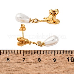 304ステンレススチールプラスチック模造真珠ダングルスタッドピアス  ティアドロップの心  ゴールドカラー  30x8.5mm&nbsp;EJEW-Z118-06G