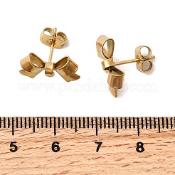 304ステンレススチールの蝶結びスタッドピアス金具  カン付き  ゴールドカラー  10x15mm  穴：1.2mm  ピン：0.7mm&nbsp;STAS-Z159-01G