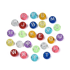 透明なアクリルビーズ  アルファベット付きフラットラウンド  グリッターパウダー付き  ミックスカラー  6.5~7x3.5~4mm  穴：1.5~1.6mm  約3846個/500g&nbsp;TACR-Q013-02B-M