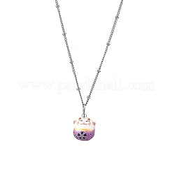 Porcelain Lucky Cat Pendant 304 Stainless Steel Twist Chain Necklaces for Women Men&nbsp;NJEW-JN05552