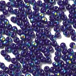 ガラスシードビーズ  半分メッキ  不透明な色の虹  丸い穴  ラウンド  ダークスレートブルー  4x3mm  穴：1.2mm  約166個/10g&nbsp;X1-SEED-H002-A-A619