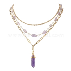 Natural Amethyst Double Terminated Pointed Bullet Pendant 304 Stainless Steel & Brass Chain 3 Layer Necklaces for Women&nbsp;NJEW-JN05477-01