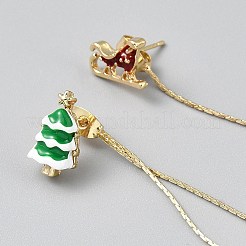 クリスマスツリーとサンタクロースのエナメルアシンメトリーイヤリング  ゴールデンアロイチェーンタッセルスタッドピアス  カラフル  58x8mm  83x13mm&nbsp;EJEW-WH0047-108