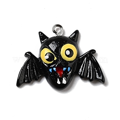 ハロウィン不透明樹脂ペンダント  プラチナトーンの鉄ループ付き  バット  ブラック  32x23x5mm  穴：2mm&nbsp;RESI-D055-107P