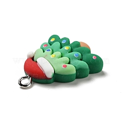 クリスマスの不透明な樹脂ペンダント  プラチナトーンの鉄ループ付き  帽子チャーム付きのクリスマスツリー  シーグリーン  28.5x22x6.5mm  穴：2x2.8mm&nbsp;RESI-G043-B03