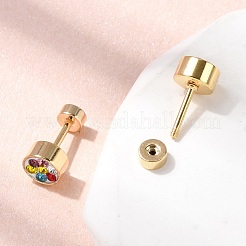 304ステンレススチールフラットラウンドスタッドピアス  ポリマークレイラインストーン付き  ゴールドカラー  カラフル  6mm&nbsp;EJEW-F396-03G-02