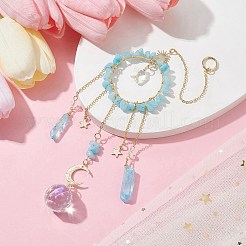 天然染色翡翠イミテーションアクアマリンチップペンダント装飾、真鍮ムーン&アズキチェーン&電気メッキ水晶タッセル付き  ファセットラウンドガラスクリスタルボールとスタープリズムサンキャッチャー  278mm&nbsp;HJEW-JM01650-02