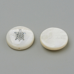 天然淡水シェルビーズ  フラットラウンド＆カメ  プラチナ  15x4mm  穴：1mm&nbsp;SHEL-Q011-005P