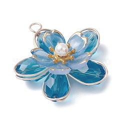 ガラスチャーム  花  銅線とアクリルを使用  多面カット  ディープスカイブルー  33.5x31x10mm  穴：2.8mm&nbsp;PALLOY-TA00319-03
