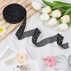 チロリアンテープ  刺繍の星柄リボン  洋服アクセサリー  ブラック  1-1/8インチ（27mm）  約8.00ヤード（7.32m）/ロール&nbsp;OCOR-WH0078-453