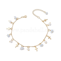 3Pcs 3 Styles Natural Aquamarine & White Moonstone & Green Aventurine Chip & Round Shell Pearl Cross Tassel Anklets&nbsp;AJEW-AN00716