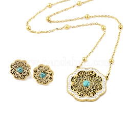 合成ターコイズスタッドピアス＆ペンダントネックレスセット  304ステンレススチールラインストーンジュエリーセット（女性用、イオンプレーティング（IP））  花  450mm&nbsp;SJEW-M100-02C-G
