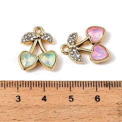 合金ラインストーンペンダント  さくらんぼのチャーム  ガラスと  UVメッキ  ミックスカラー  ゴールドカラー  18.7x15x4mm  穴：1.8mm&nbsp;FIND-K032-06G
