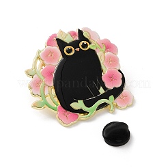 黒猫と花のエナメルピン  バックパック用合金ラペルピンバック  ゴールド  ピンク  37.5x40mm&nbsp;JEWB-Z048-09G-03