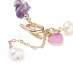 Natural Amethyst & Pearl Beaded Bracelet with Alloy Enamel Heart Charms&nbsp;BJEW-JB08039-03