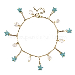Ocean Dyed Synthetic Turquoise Starfish and Shell Pearl Tassel Anklets&nbsp;AJEW-AN00861