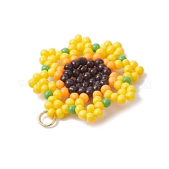 ビーズのひまわりチャーム  織機模様のガラスシードビーズペンダント  丸カン付き  ゴールド  26x26x3.5mm  穴：2.5mm&nbsp;PALLOY-MZ00450